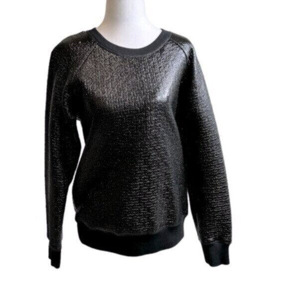 Theory 38 Black Faux leather Shiny Dressy Crew Neck Sweatshirt Top Medium - Picture 2 of 7